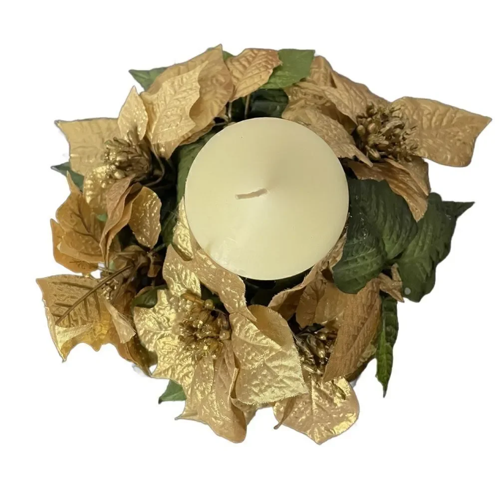 Gold Poinsettia & Green Leaf Circular Holiday Candle Holder w/Large Candle
